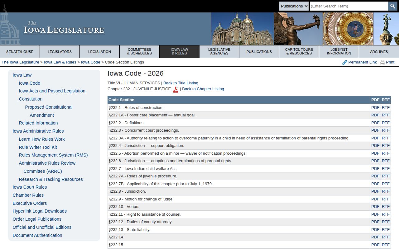 Iowa Legislature chapter 232 juvenile justice law page